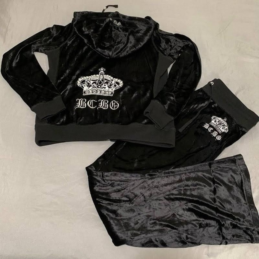 BCBG Max Azria Black Velour Track Suit Straight Pants Zip Jacket Y2K Large